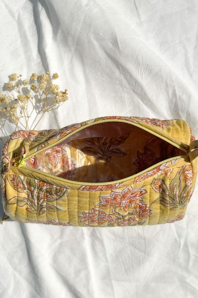 Yellow Hand Block-Printed Cotton Vanity Pouch
