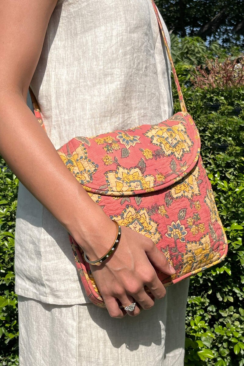 Peach Hand Block-Printed Cotton Crossbody Bag
