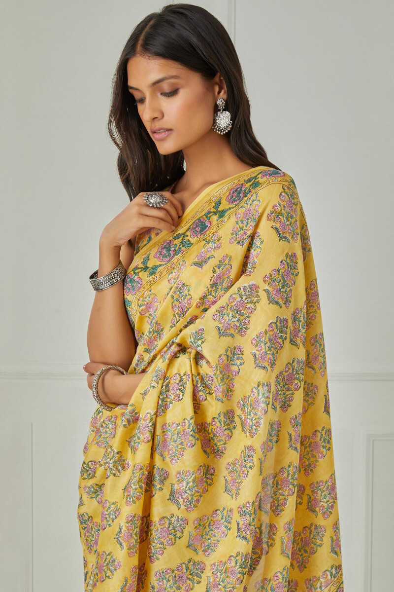 Sanganeri Hand Block-Printed Chanderi Saree