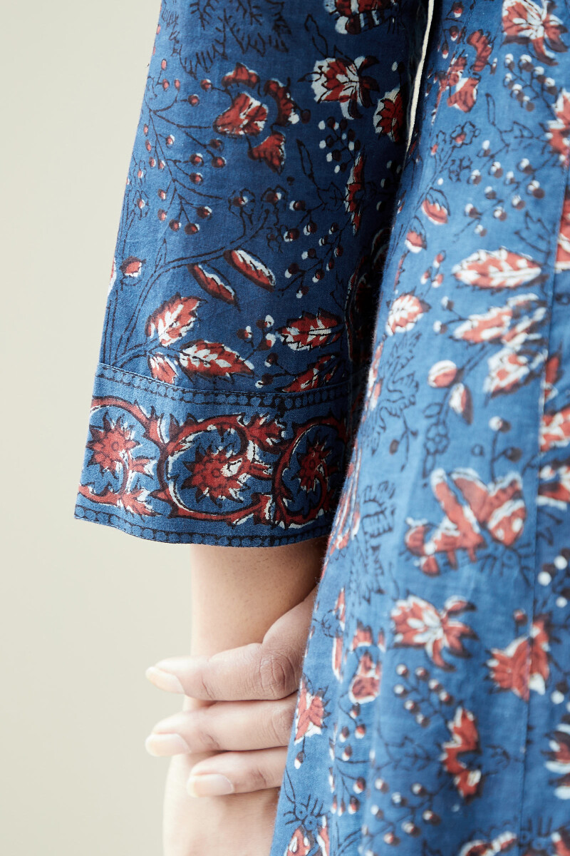 Indigo Hand Block-Printed A-Line Cotton Kurta