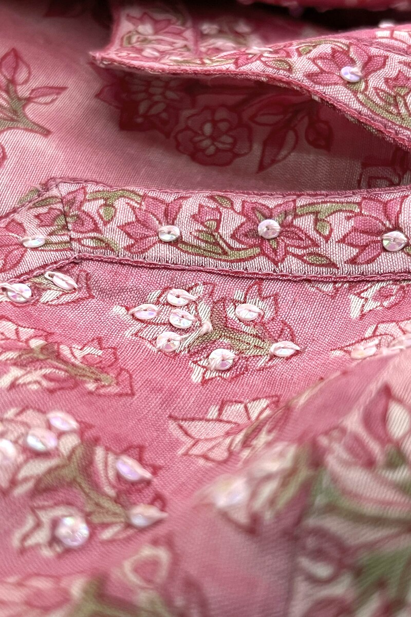 Pink Hand Block-Printed Straight Chanderi Kurta