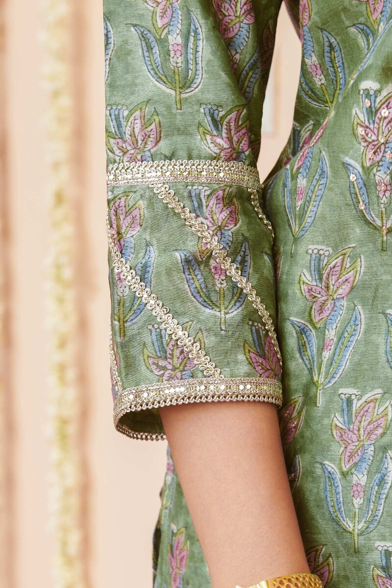 Green Hand Block-Printed Straight Chanderi Kurta