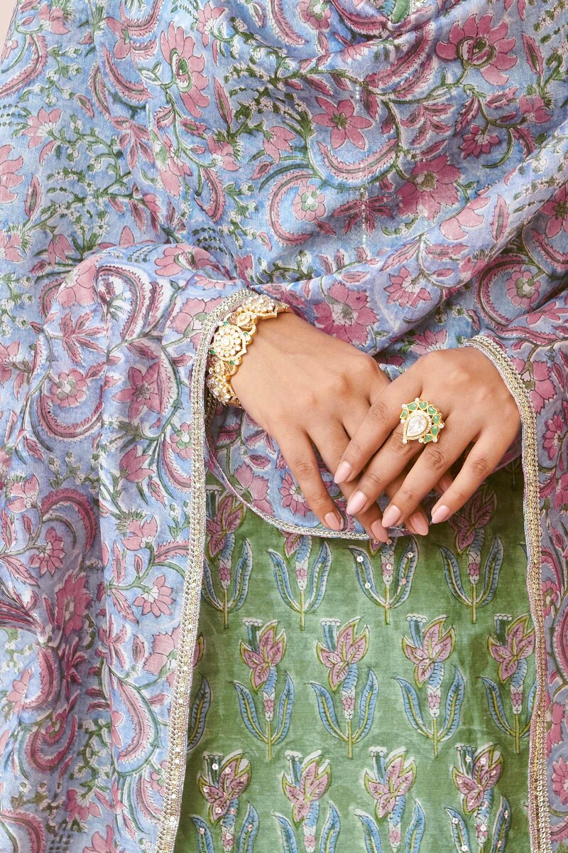 Blue Hand Block-Printed Chanderi Dupatta
