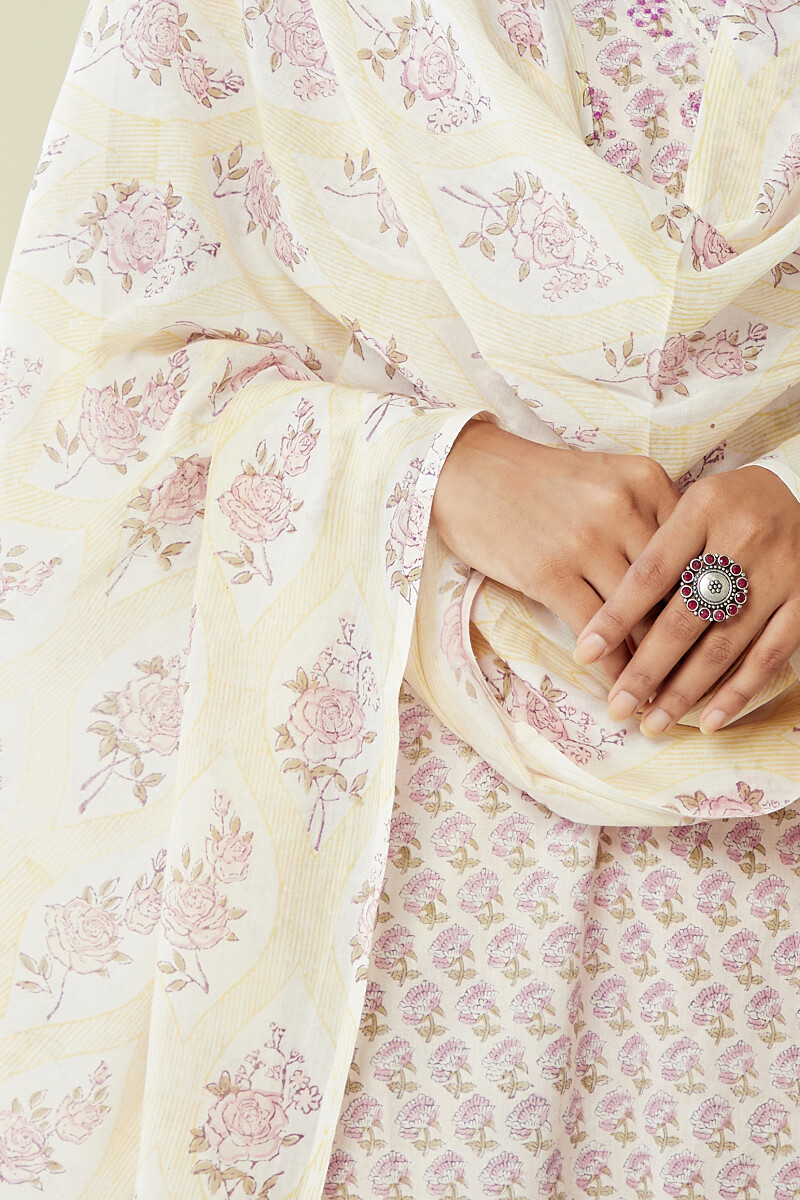 Yellow Hand Block-Printed Cotton Mul Dupatta