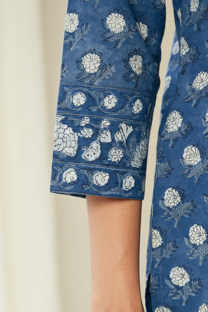 Indigo Hand Block-Printed Straight Cotton Kurta