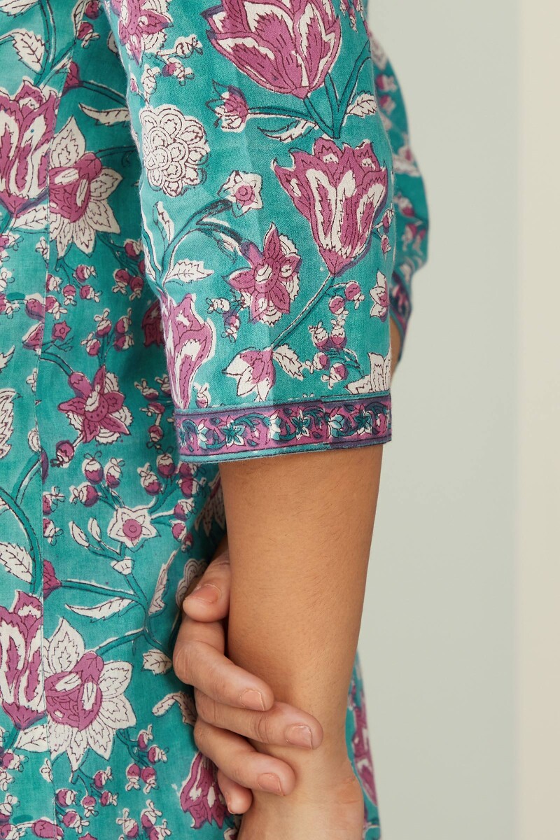 Turquoise Hand Block-Printed Straight Cotton Kurta