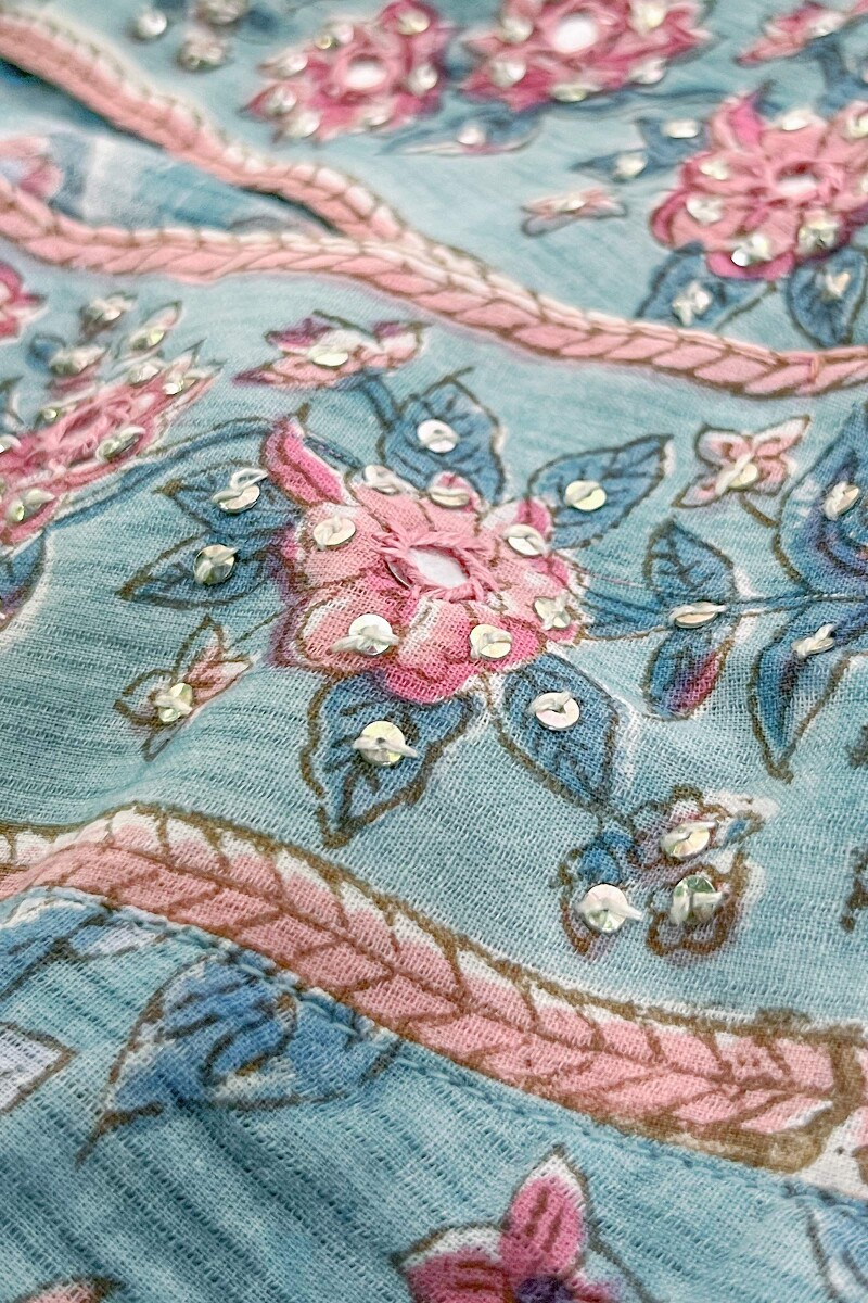Blue Hand Block-Printed Cotton Dobby Top