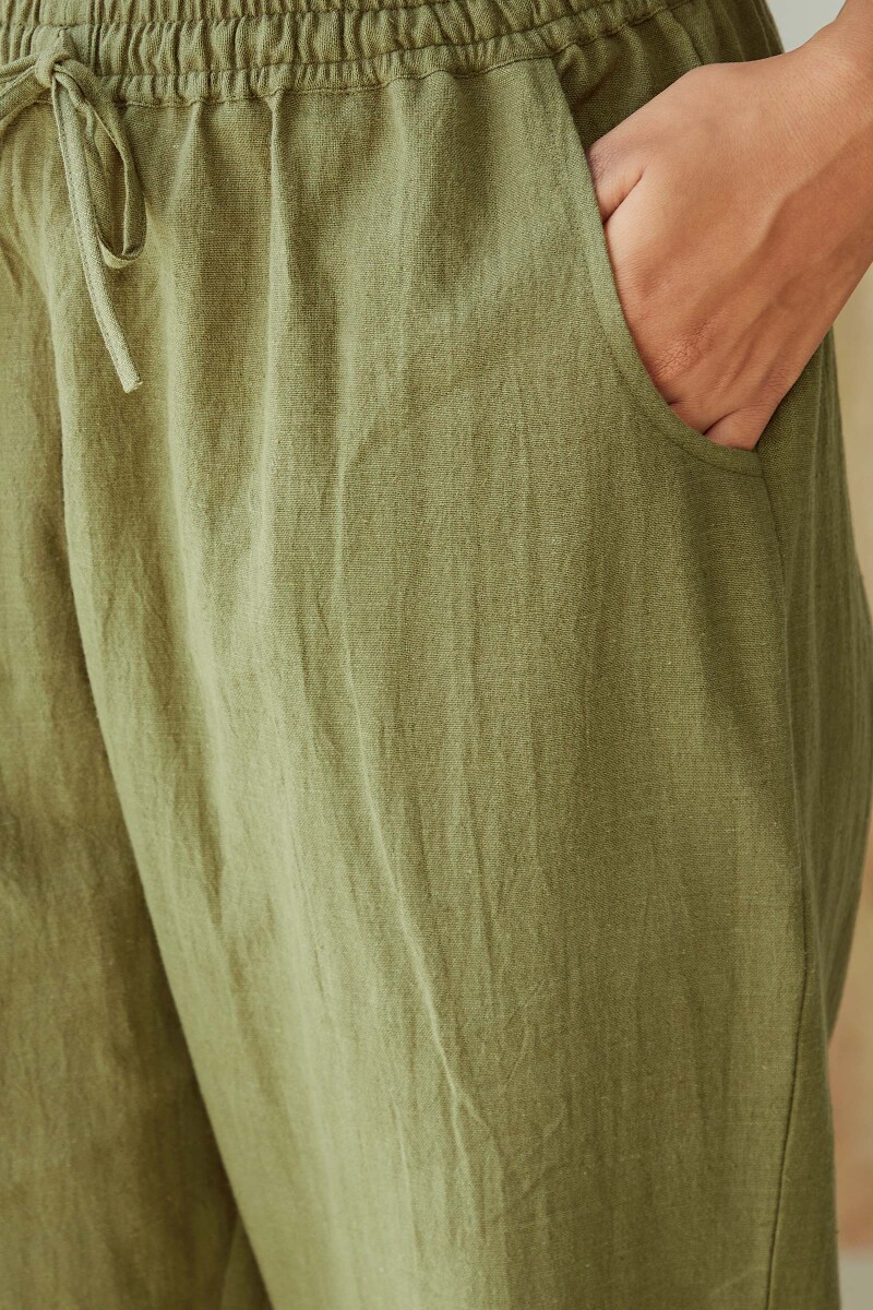 Olive Green Handcrafted Cotton Flax Narrow Pants
