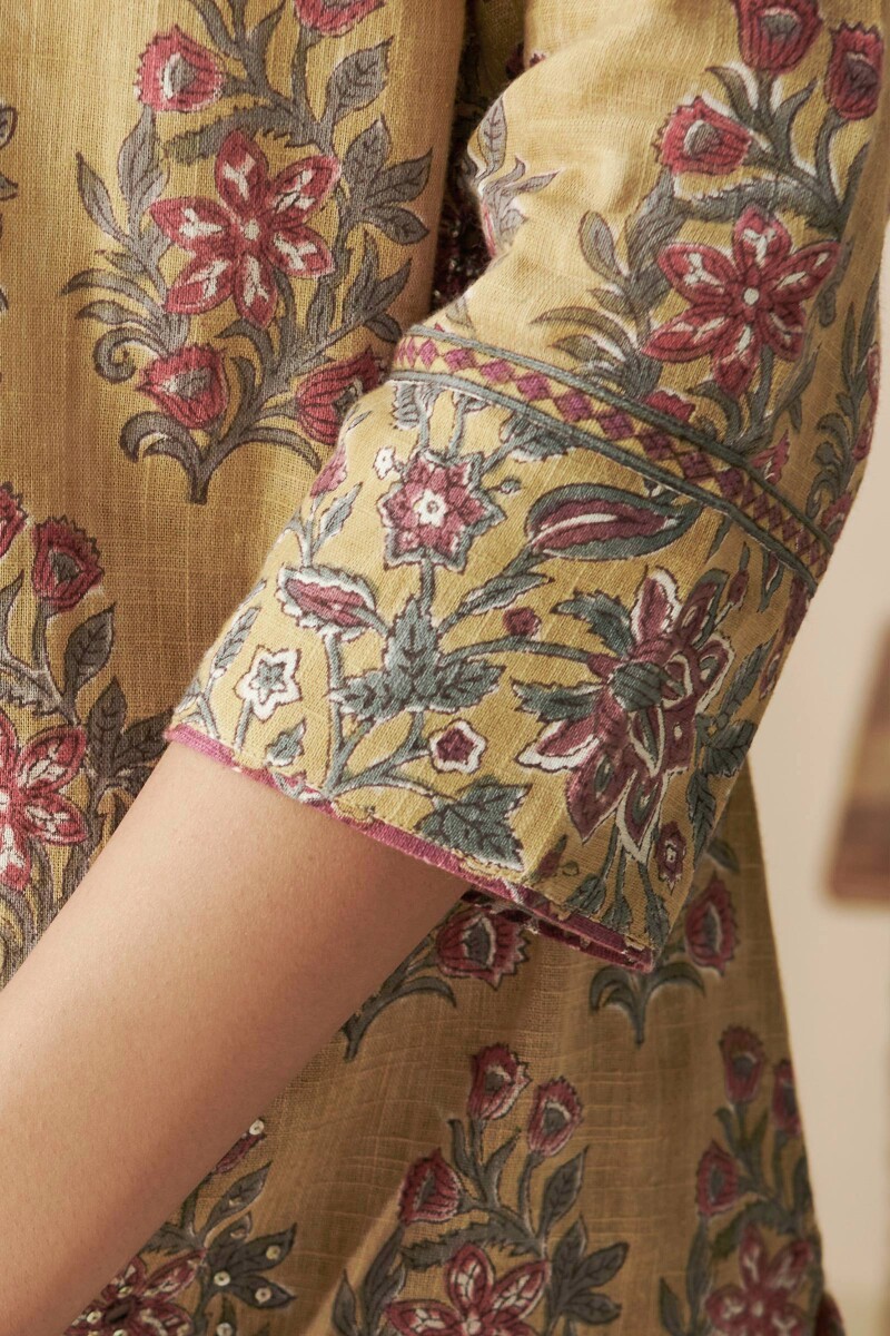 Mustard Hand Block-Printed Straight Cotton Slub Kurta
