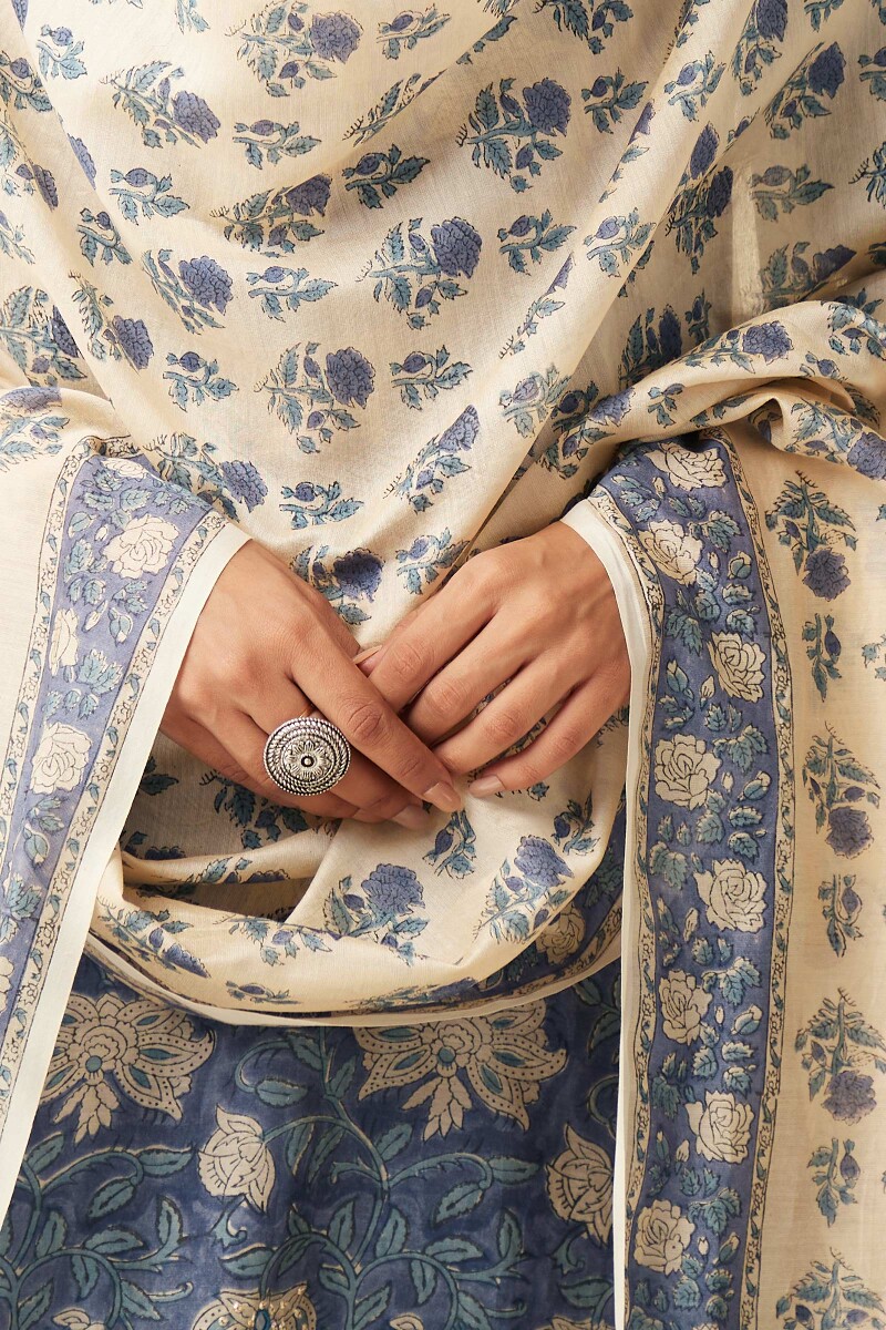 Beige Hand Block-Printed Chanderi Dupatta