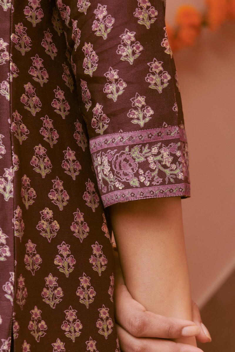 Brown Hand Block-Printed Straight Chanderi Kurta