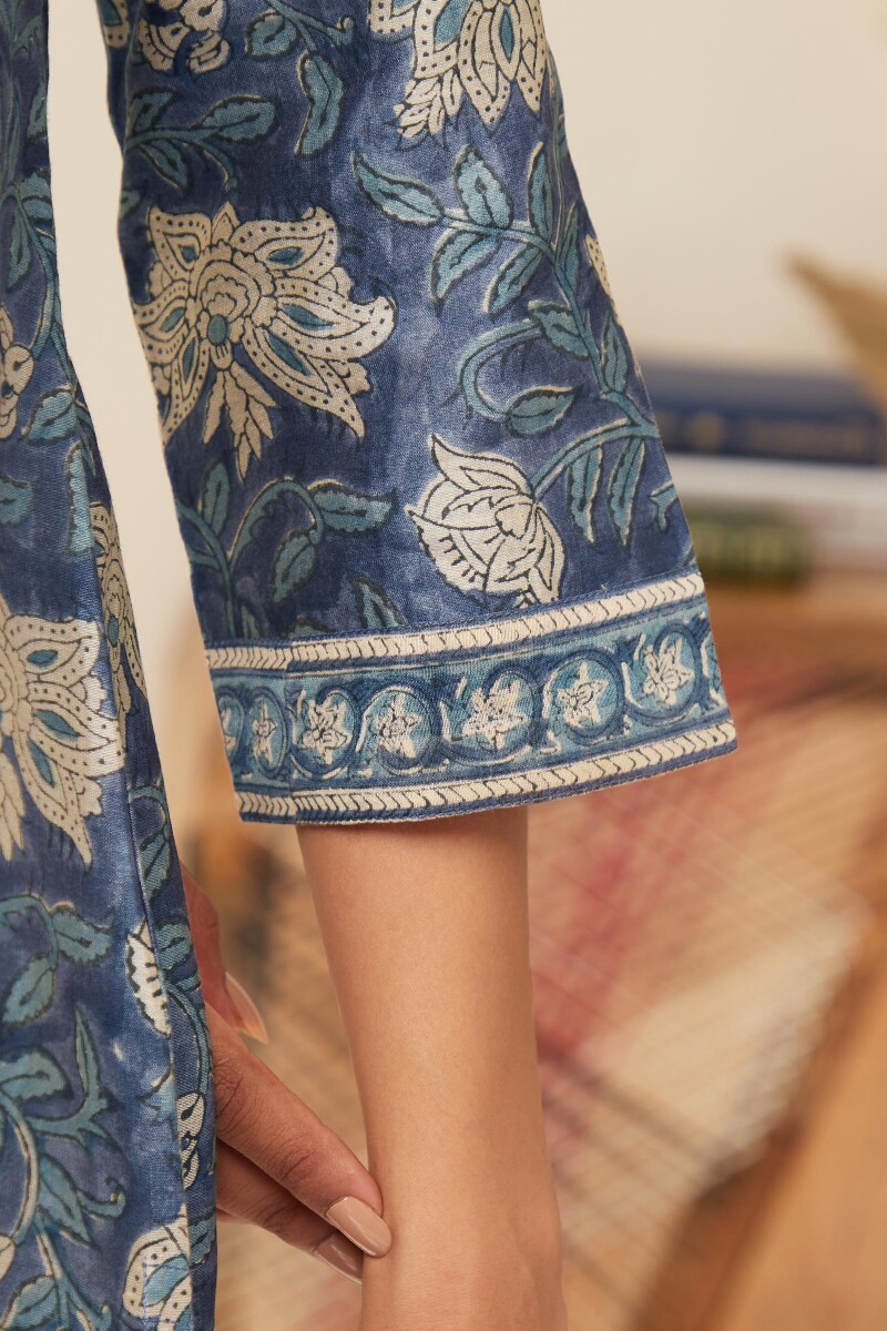 Blue Hand Block-Printed Straight Chanderi Kurta
