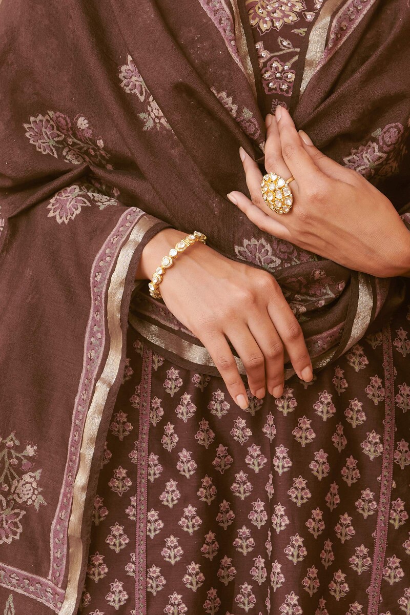 Brown Hand Block-Printed Chanderi Dupatta