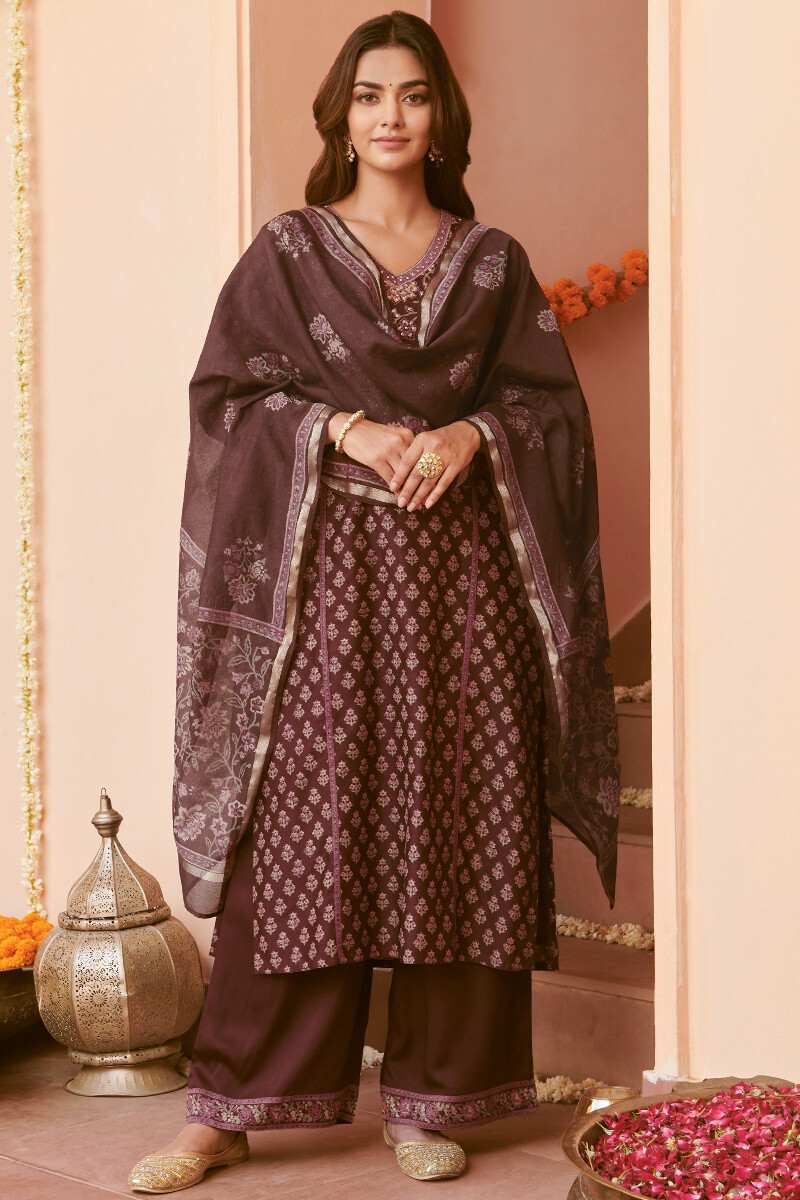 Brown Hand Block-Printed Straight Chanderi Kurta