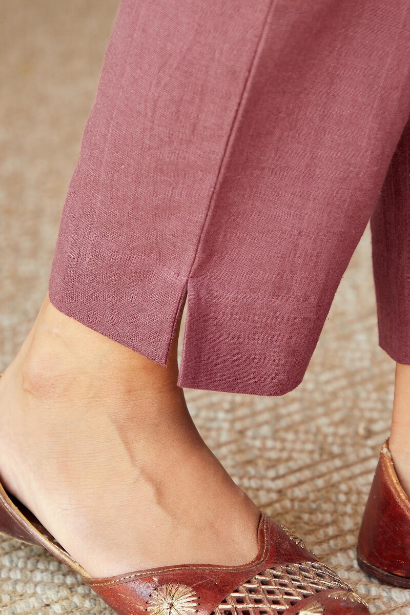 Red Handcrafted Cotton Flax Narrow Pants