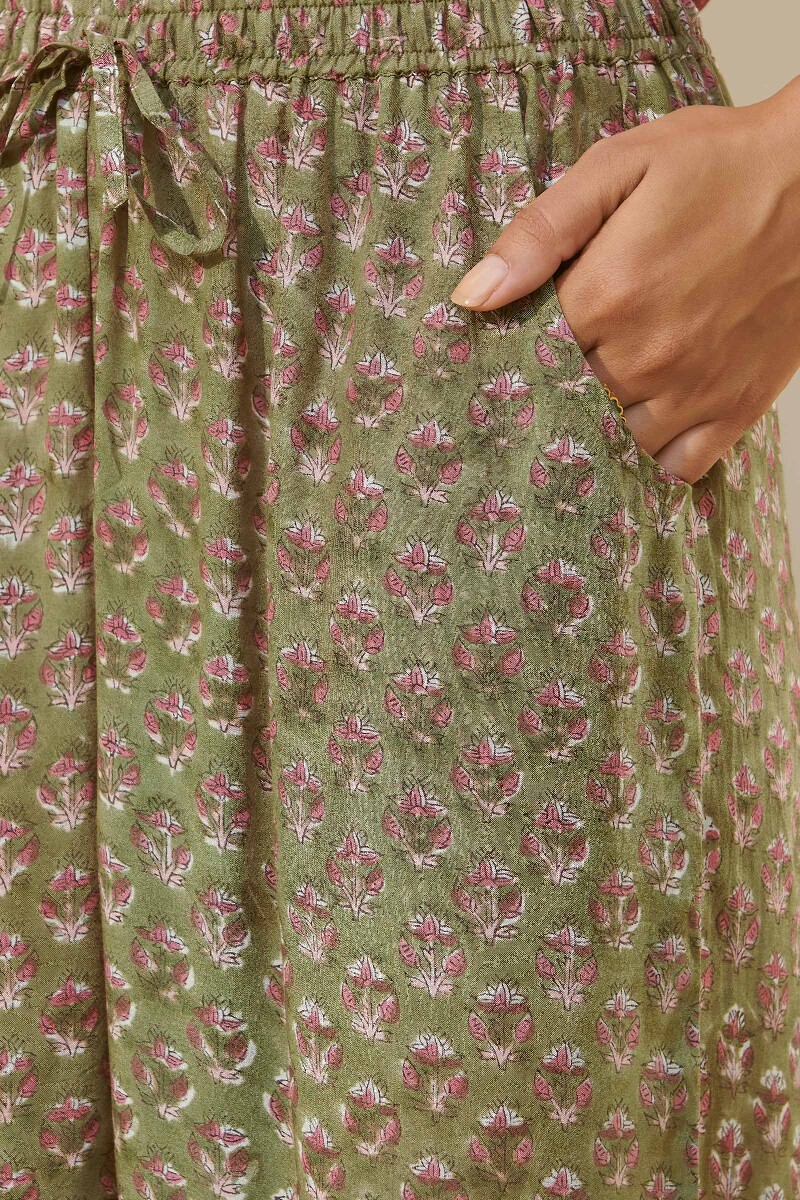 Olive Green Hand Block-Printed Viscose Farsi