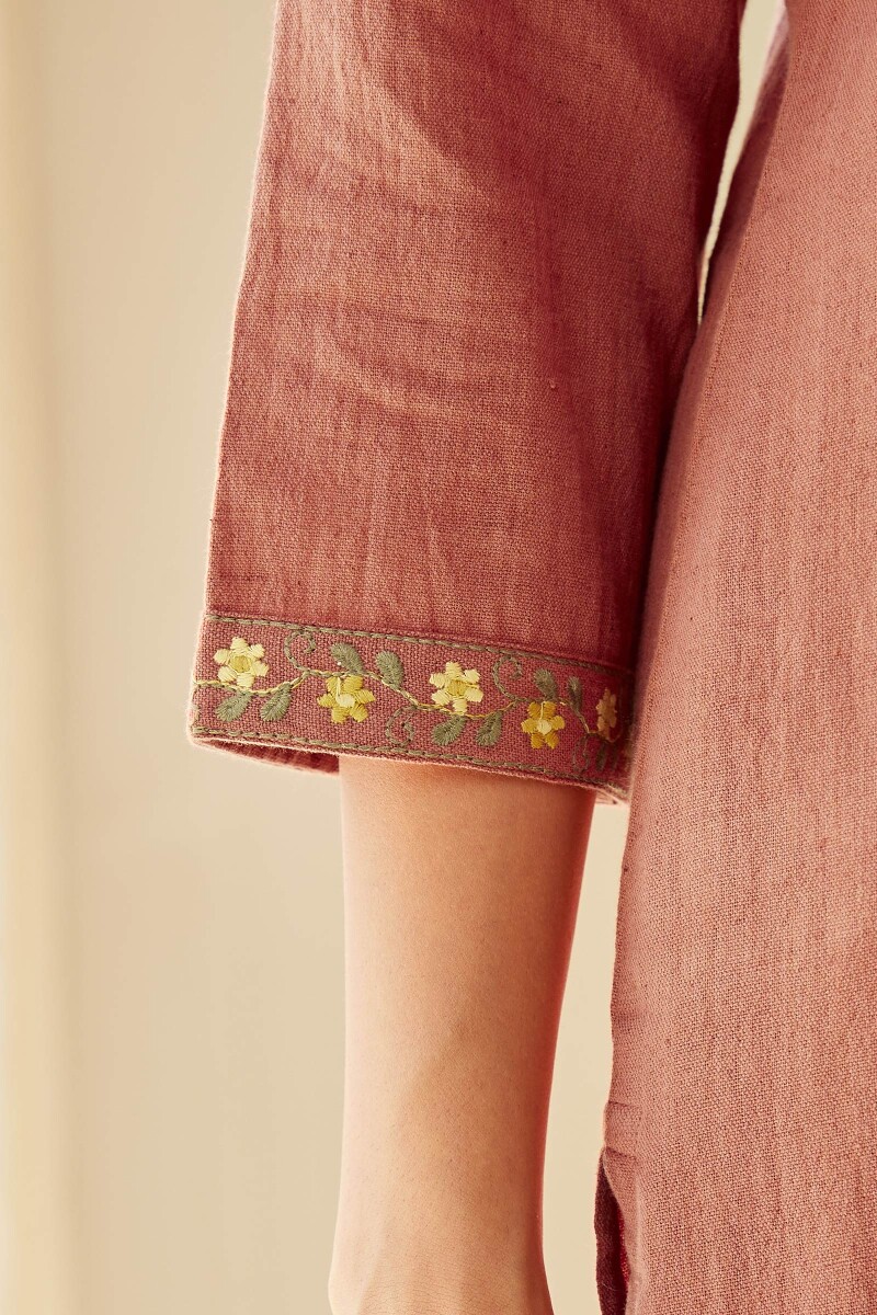 Peach Handcrafted Straight Cotton Flax Kurta