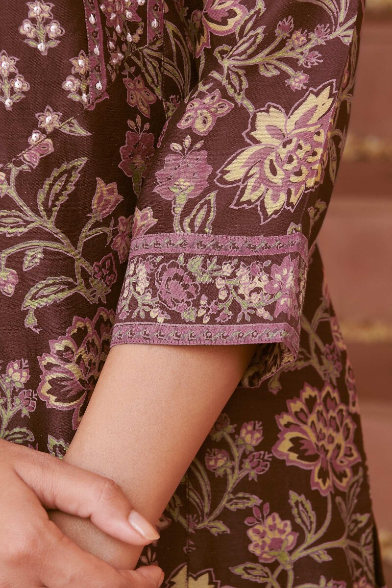 Brown Hand Block-Printed Straight Chanderi Kurta
