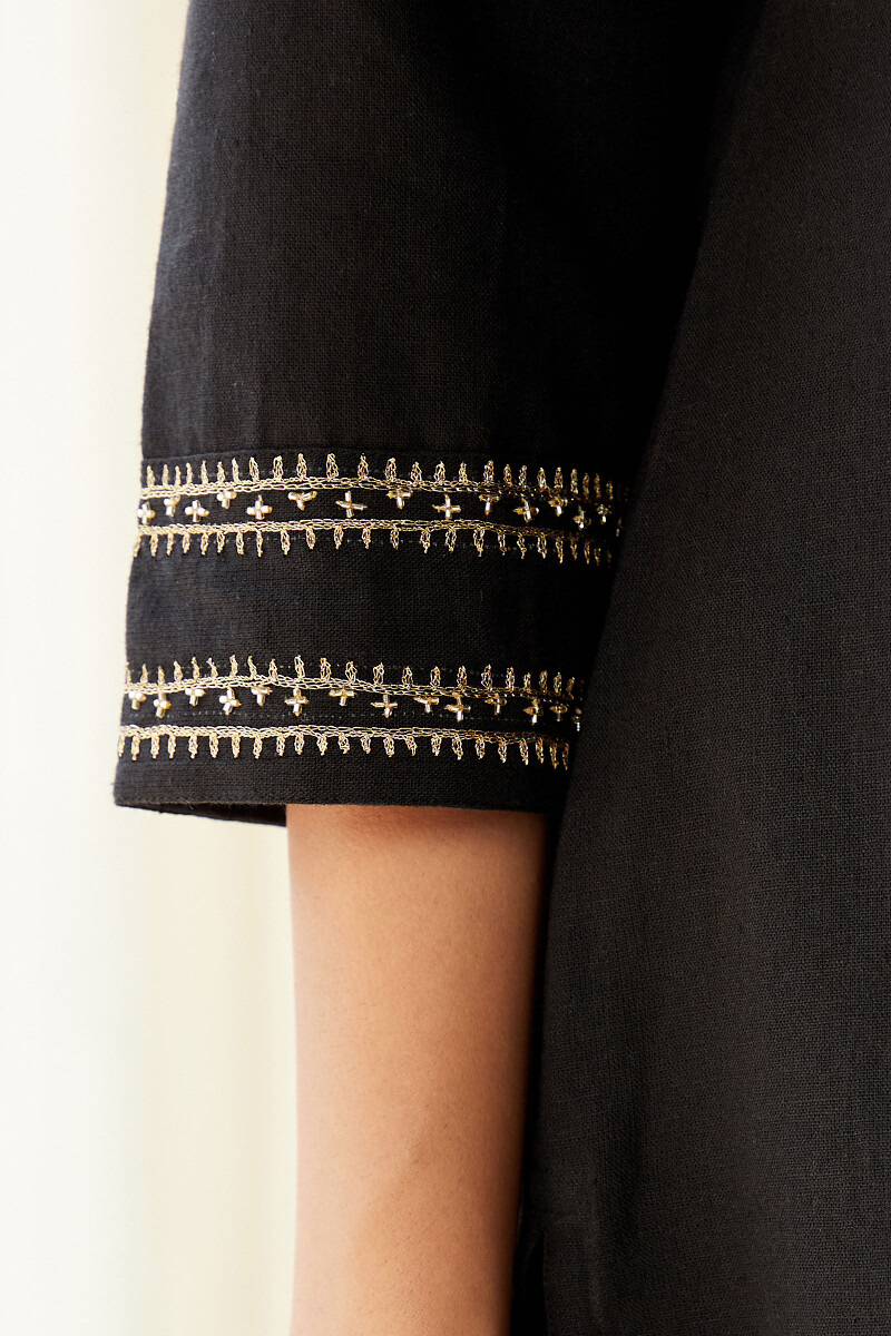 Black Handcrafted Straight Cotton Flax Kurta