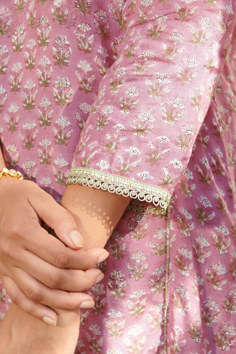 Purple Hand Block-Printed Straight Viscose Kurta