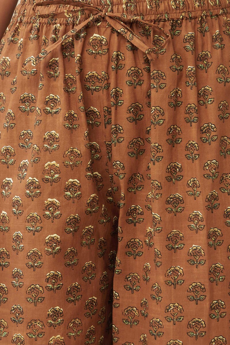 Brown Hand Printed Cotton Slub Izhaar Pants