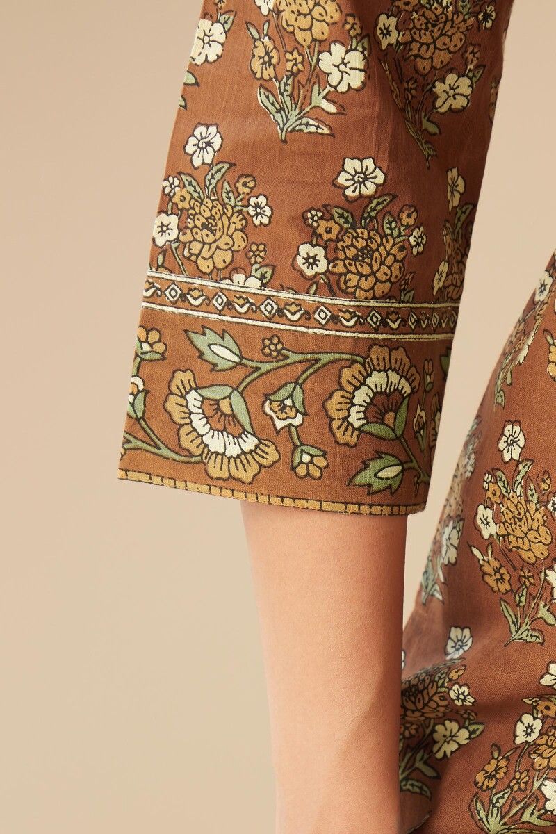 Brown Hand Printed Straight Cotton Slub Kurta