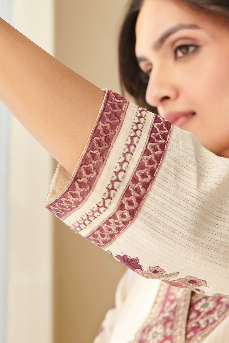 Beige Hand Block-Printed Straight Cotton Dobby Kurta