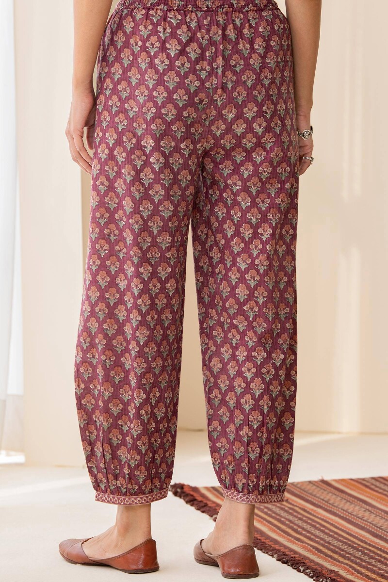 Maroon Hand Block-Printed Cotton Dobby Izhaar Pants