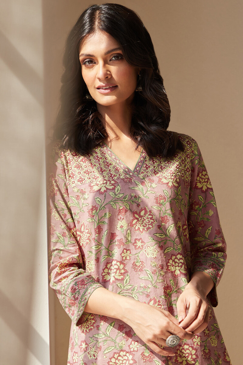 Mauve Hand Block-Printed Straight Cotton Kurta