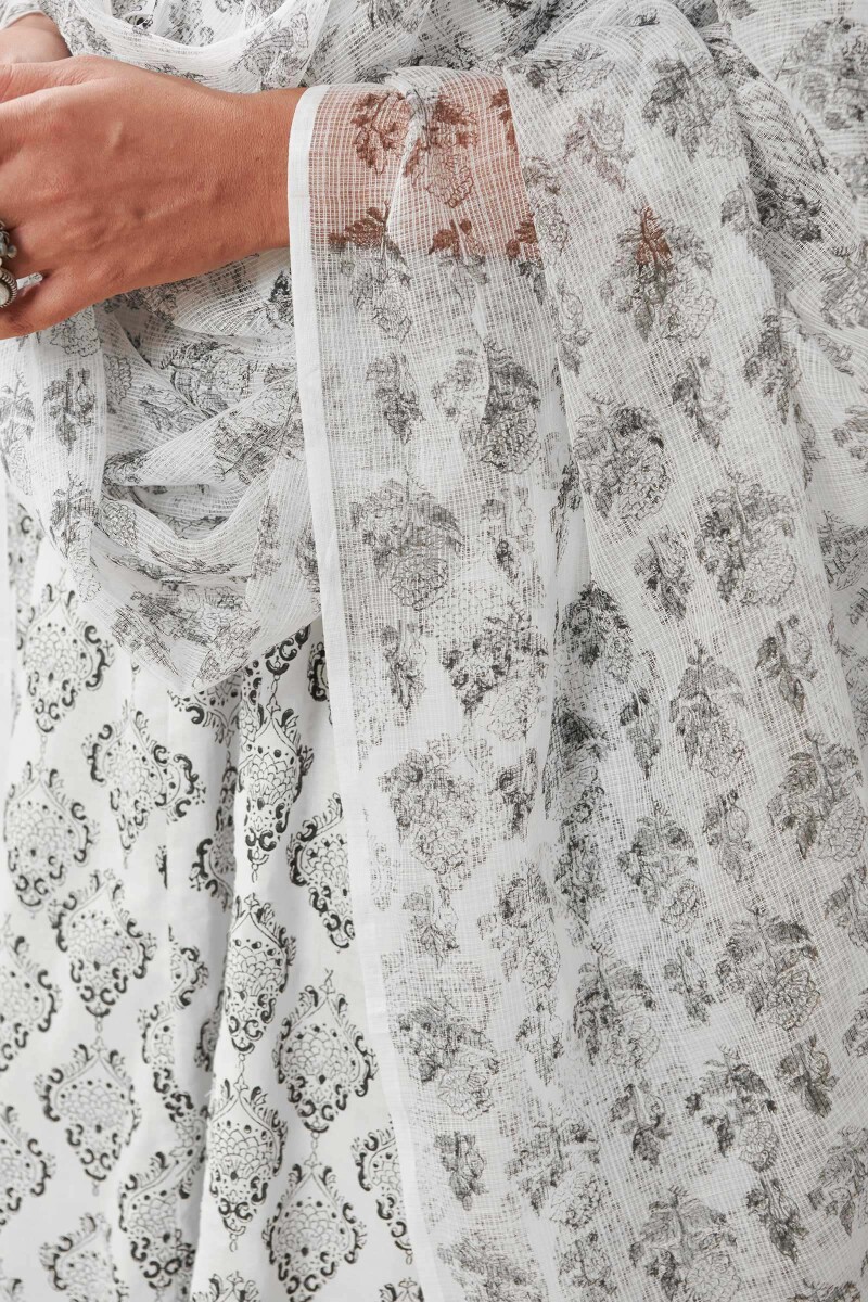 White Hand Block-Printed Kota Dupatta