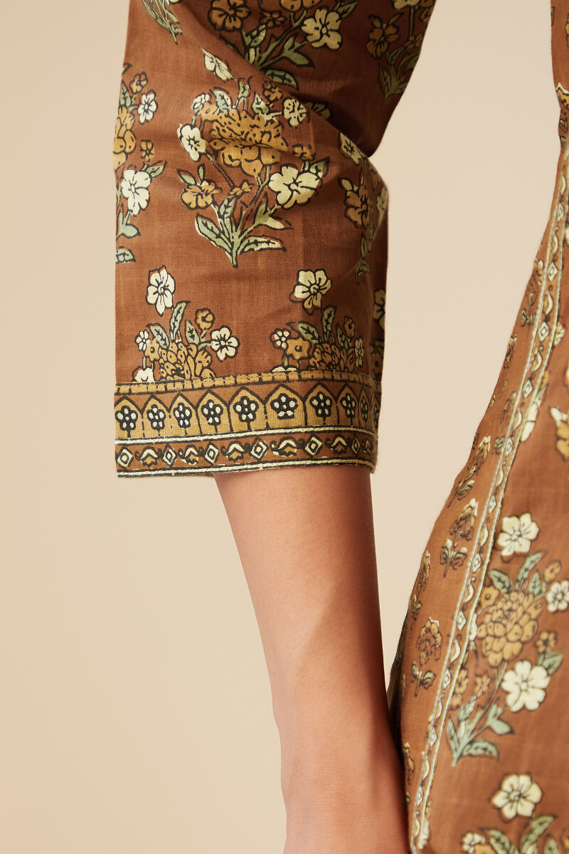 Brown Hand Printed A-Line Cotton Slub Kurta