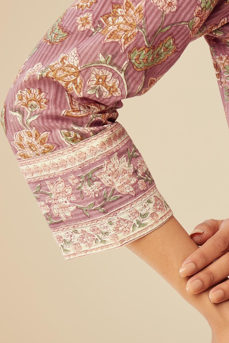 Pink Hand Block-Printed Straight Cotton Dobby Kurta