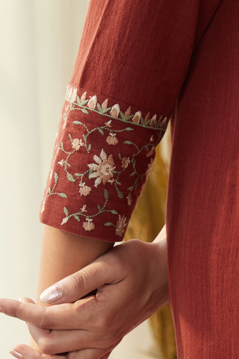 Red Handcrafted Straight Cotton Flax Kurta