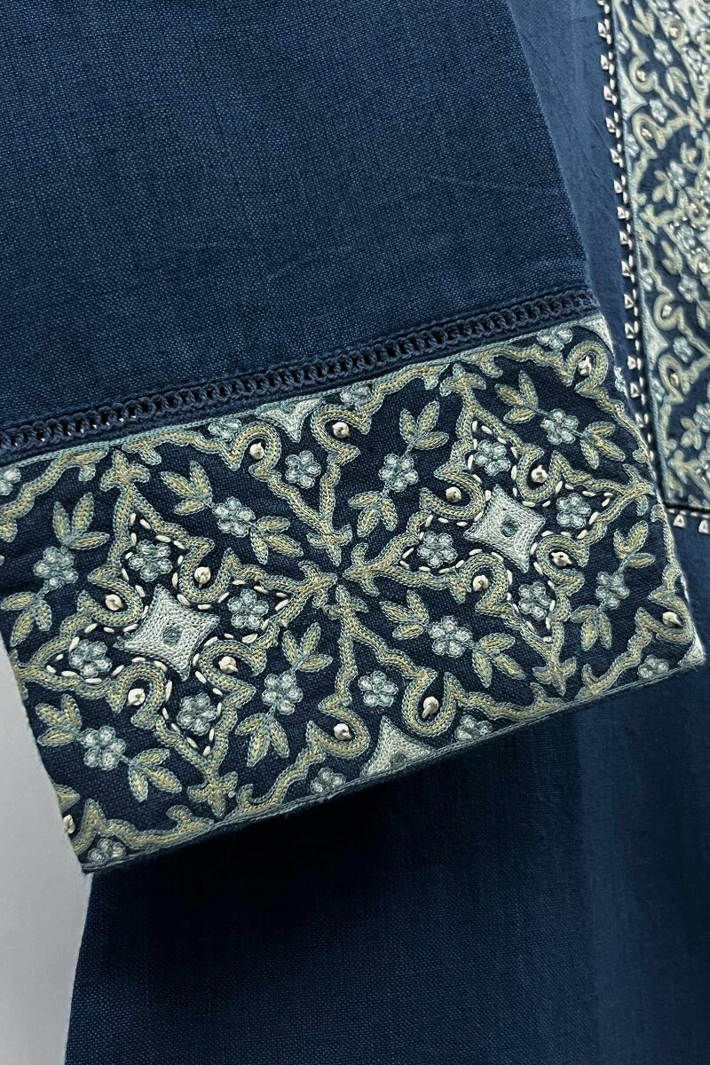 Blue Embroidered Cotton Kurta, Pants & Dupatta