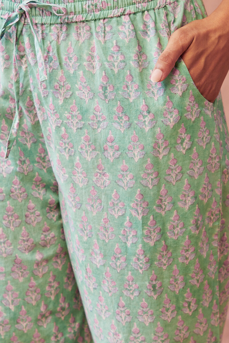 Green Hand Block-Printed Cotton Straight Farsi