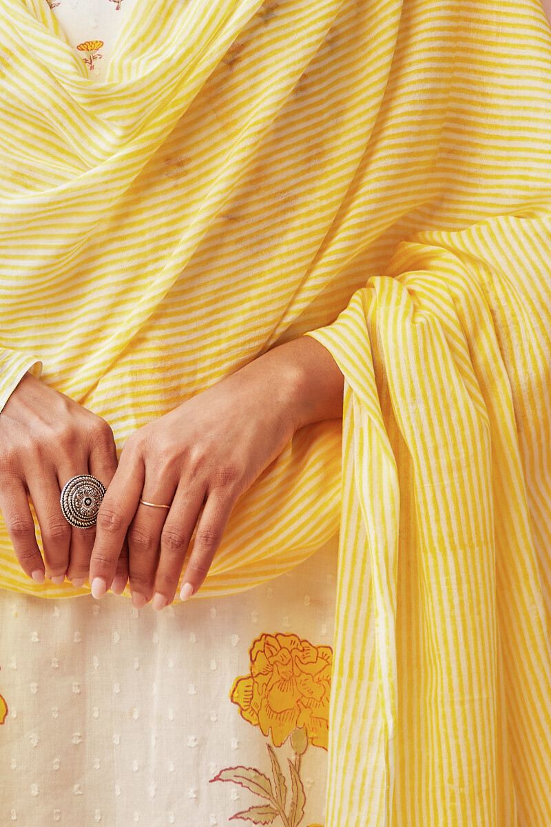 Yellow Hand Block-Printed Cotton Mul Dupatta