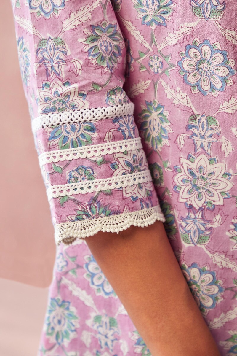 Purple Hand Block-Printed Straight Cotton Kurta