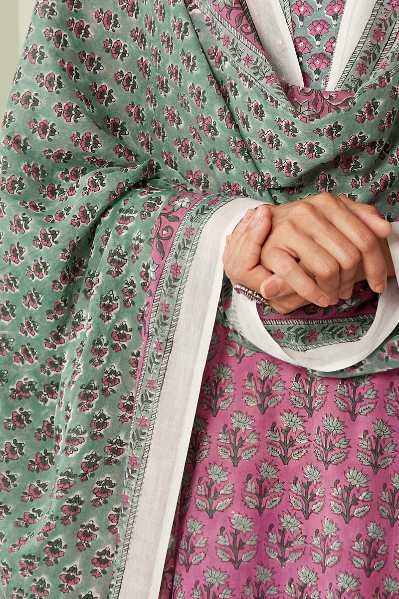 Green Hand Block-Printed Cotton Mul Dupatta
