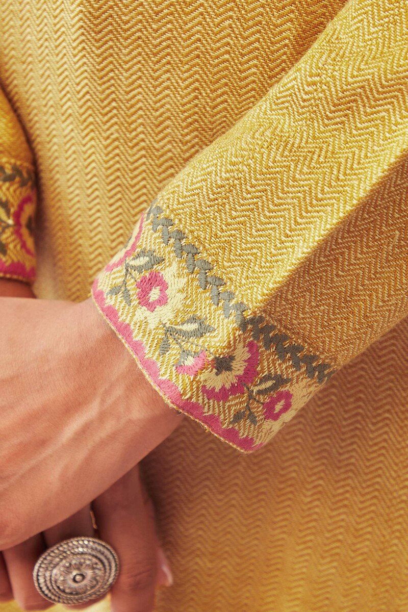 Yellow Handcrafted Straight Faux Wool Kurta