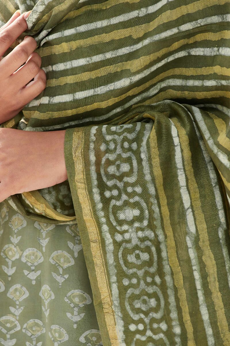 Green Hand Block-Printed Chanderi Dupatta