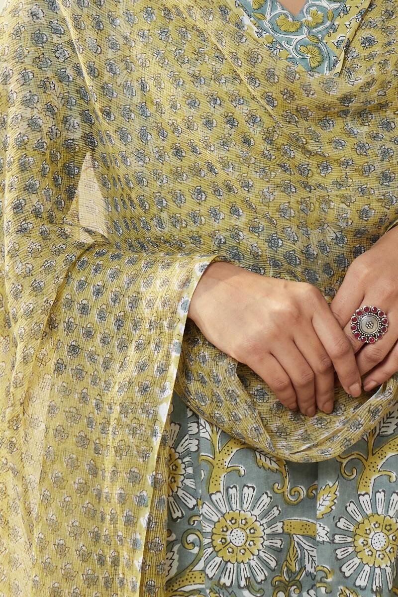 Mustard Hand Block-Printed Kota Dupatta