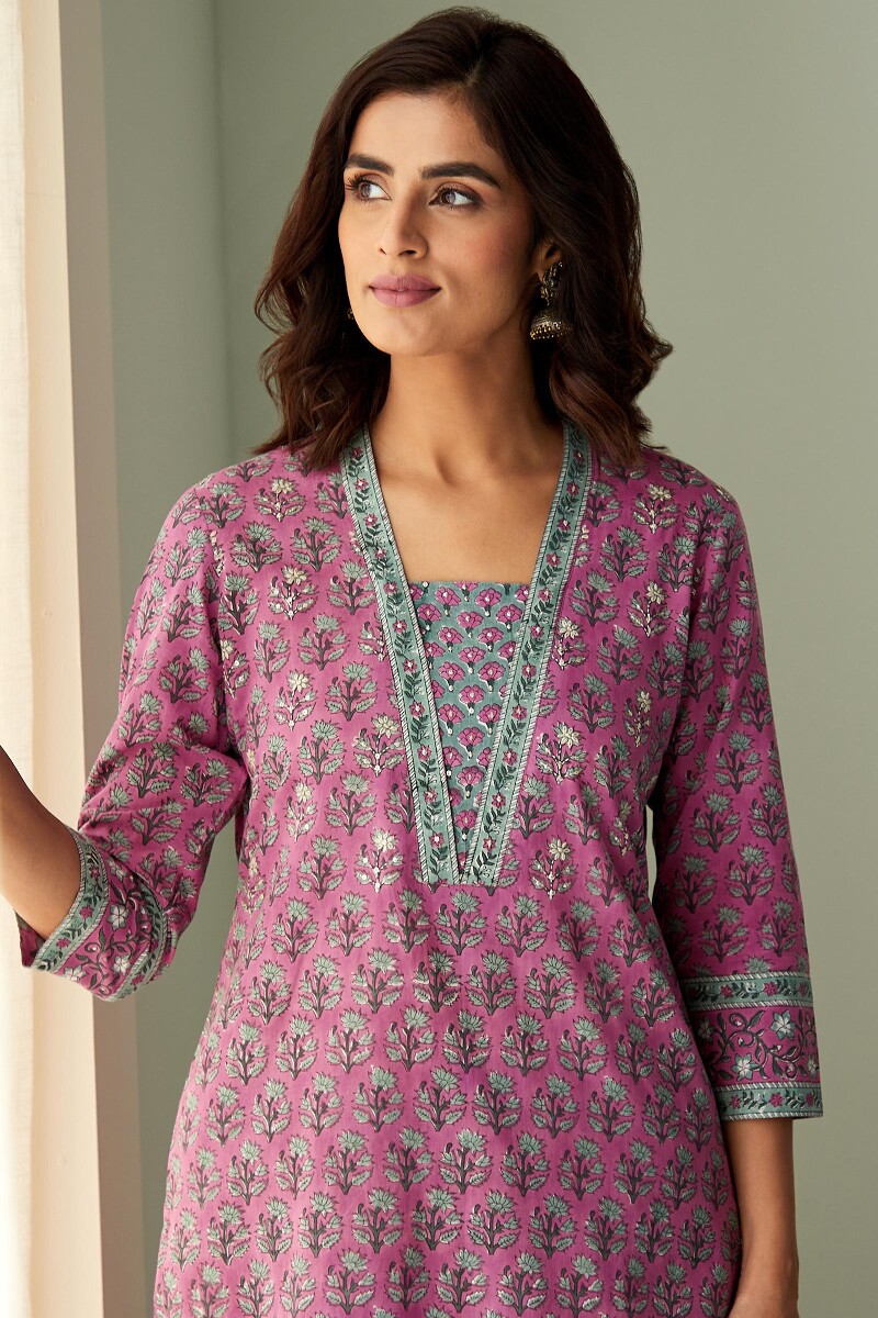 Purple Hand Block-Printed Straight Cotton Kurta