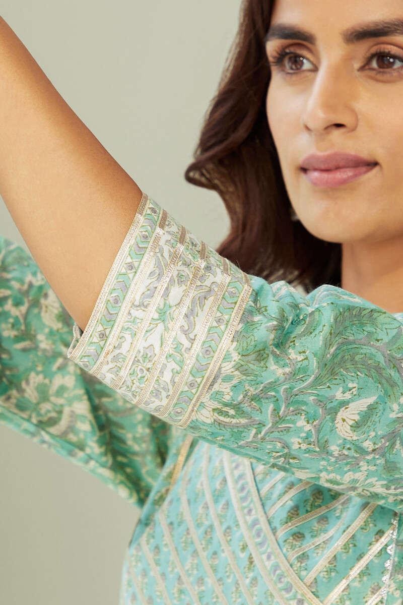 Green Hand Block-Printed Straight Cotton Kurta