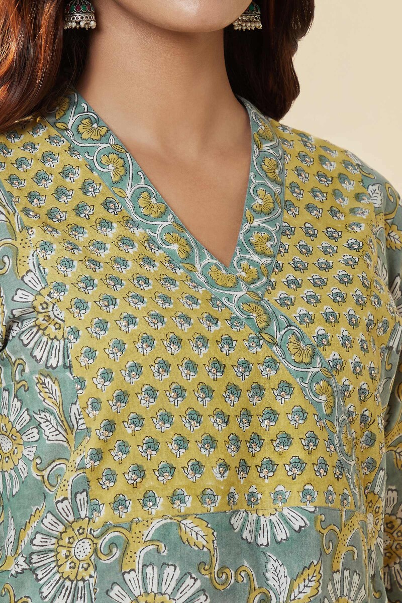 Grey Hand Block-Printed A-Line Cotton Mul Kurta