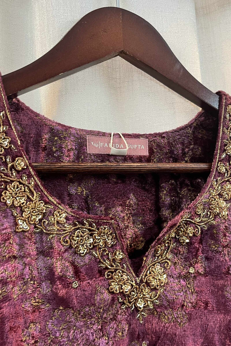FG Specials: 1 of 1- Purple Handcrafted Velvet Kurta & Pants