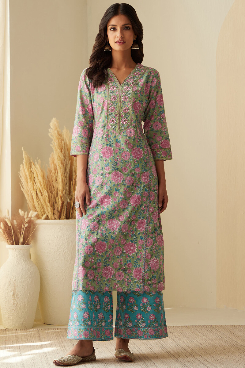 Green Hand Block-Printed Straight Cotton Kurta