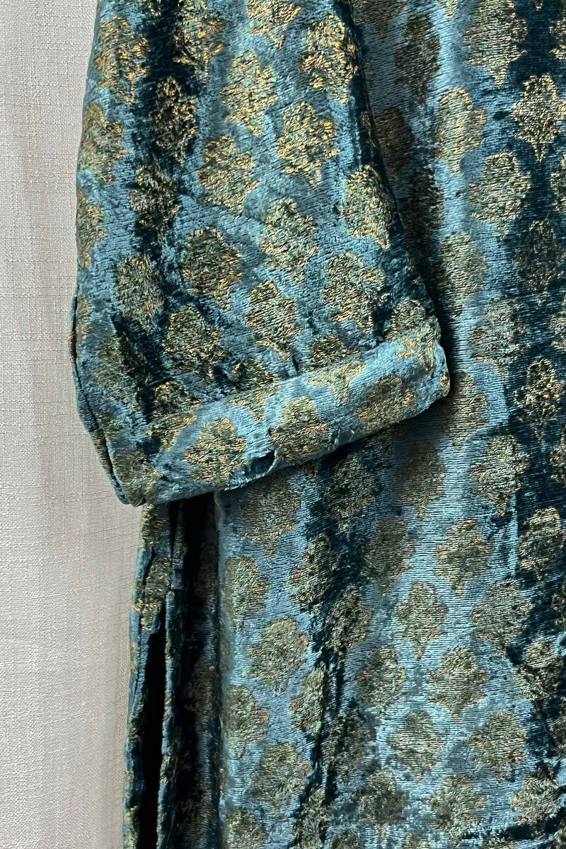 Teal Hand Block-Printed Straight Velvet Kurta