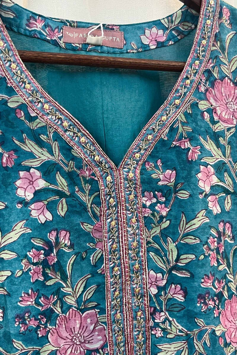 FG Specials: 1 Of 1- Blue Handcrafted Chanderi Kurta and Pants