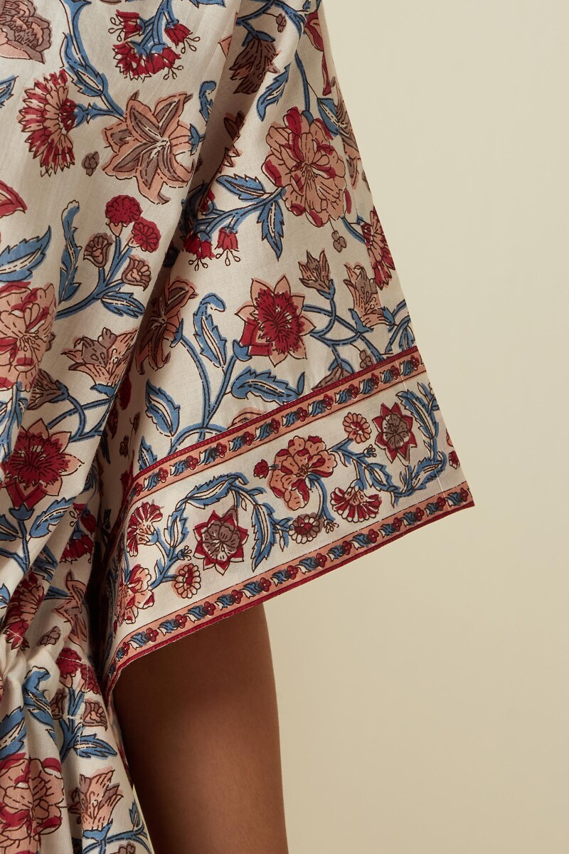 Cream Hand Printed Cotton Mul Kaftan