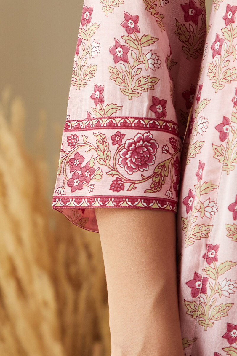 Pink Hand Printed Straight Viscose Kurta